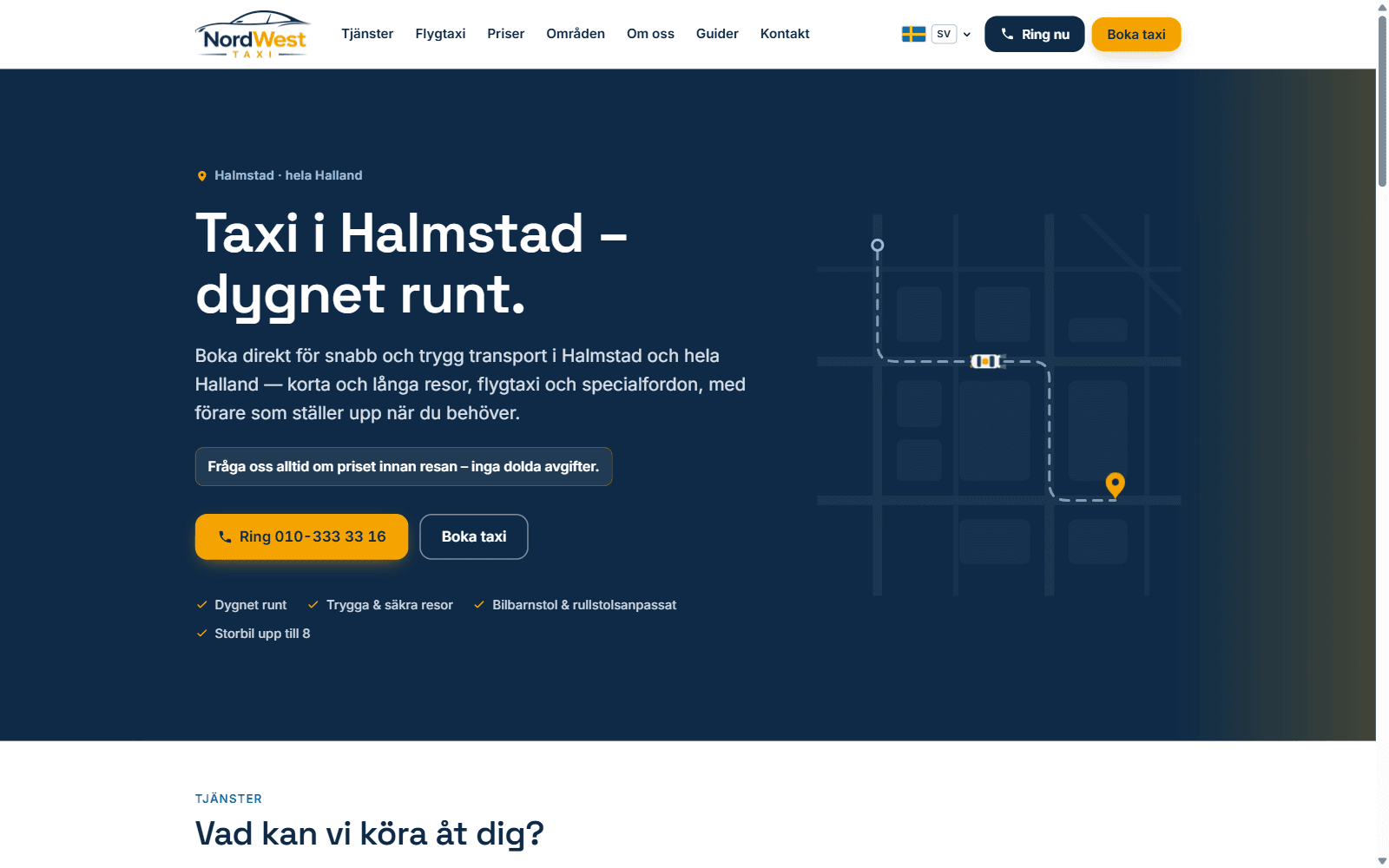 Startsidan för NordWest Taxi, taxibolaget i Halmstad som Naxdor byggt sajten åt